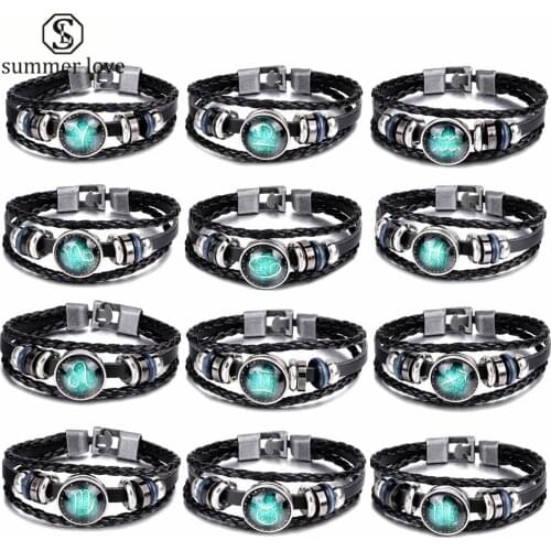 Personality Zodiac Signs 12 Constellation Bracelet Men New Fashion Beaded Charm Leather Bracelet Casual Punk Jewelry