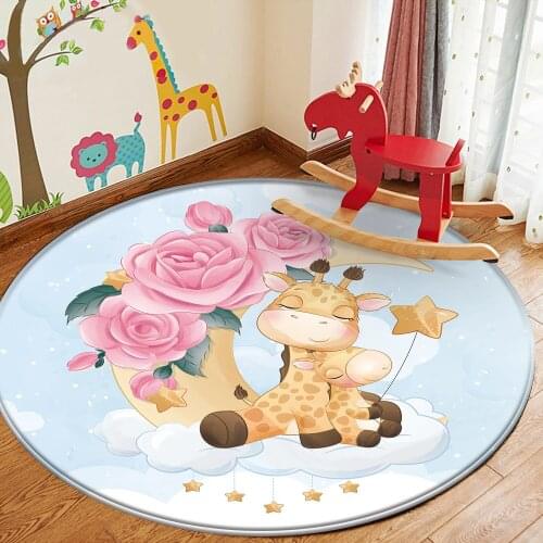 Cartoon Giraffe Blue Round Pattern Baby Hand Print Carpet Baby Play Mat Children Carpet Non-Slip Children Safety Flannel Carpet