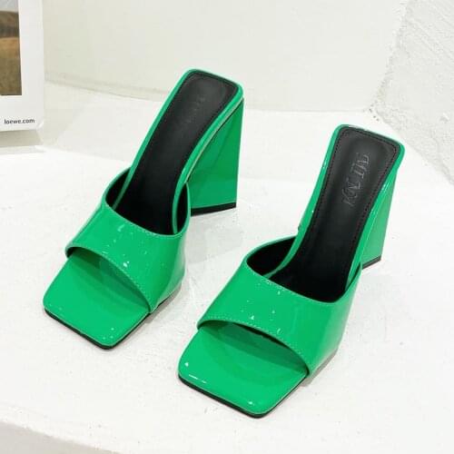 2021 Women Fashion 10cm High Heels Slides Mules Summer Peep Toe Leather Green Yellow Thick Block Heels Slippers Party Prom Shoe