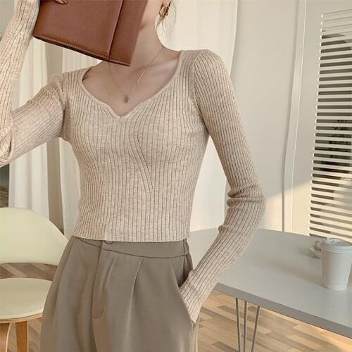 2021 New Women Knit Sweater Top Long sleeve heart-neck Casual Fashion Woman Slim-fit Tight Short Knitted sweaters Pullover Tops