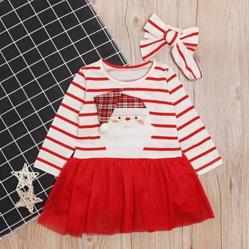 Baby Girls Clothes Comfort Soft Warm Long Sleeve Round Collar Children Stripe Santa Claus Mesh Dress and Headband