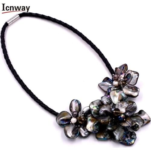 Natural rice Freshwater Pearl and 30mm 40mm black shell flowers gp clasp 18inches necklace FreeShipping Wholesale