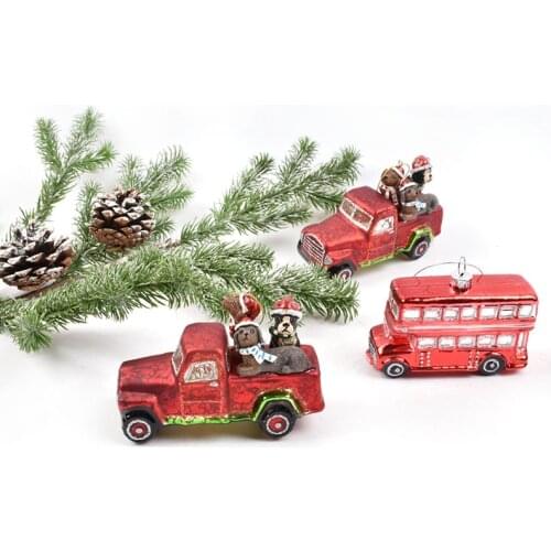 Christmas decoration supplies scene layout dress up glass car ornaments red bus truck shape decoration pendant