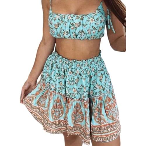Sexy Fashion Summer Boho Womens Sets Floral Print Women Outfit Two Piece Set Top And Ruffle Skirts Women 2 Piece Set Women