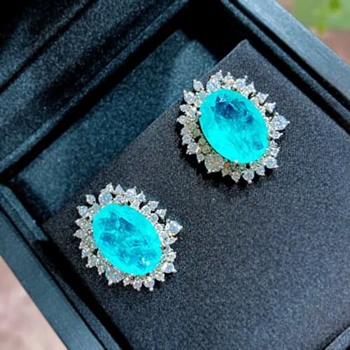 100% 925 Silver Oval Cut Emerald Paraiba Tourmaline Gemstone Created Moissanite Ear Stud Earrings Party Fine Jewelry Wholesale