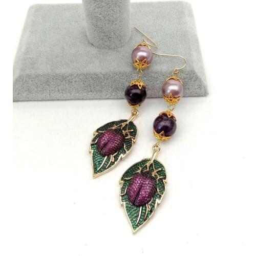 YYGEM natural Amethyst Round Sea Shell Pearl cubic zirconia pave Beetle leaf Wrap Hook Earrings