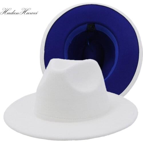 New Fashionable Jazz Panama Woolen Felt Fedora Hat White Royal Blue Patchwork Church Party Elegant Hat