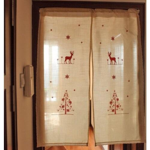 Beige Cotton With Embroidered Red Deer&Christmas Tree Door Curtain Home Decorative Partition curtain 90*106CM