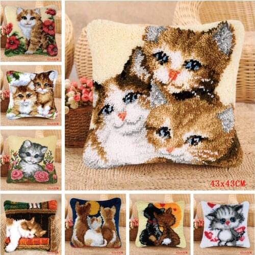 Three Cats Carpet Embroidery Latch Hook Pillow Smyrna For Flowers Carpet Cushion Button Package Latch Hook Kits Do-It-Yourself