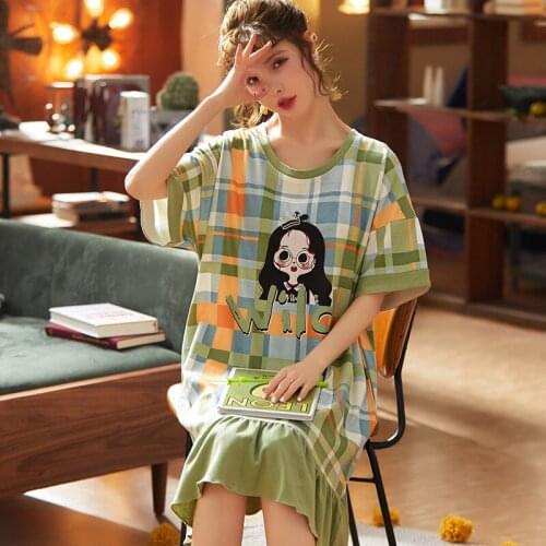 Women summer nightgown print lovely sleepwear female soft cotton casual home wear ladies loose pajamas mujer dress