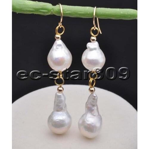 P6281 2Line 14mm White Baroque Drop Edison Keshi Pearl Dangle Earring Woman Fine Jewelry