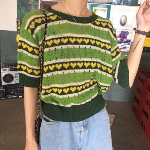 Summer Women Short Sleeve Green Heart Pattern Kniter Tops Vintage Geometric Knitted Crop Tops Knitwear Ladies All-Match Jumpers