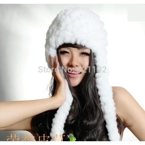 Girls Winter Free Size Ear Fur Beret Stripes Hat Thick Hand-knitted Rabbit Fur Hats Boys Autumn Stretch 100% Rex Rabbit Fur Caps