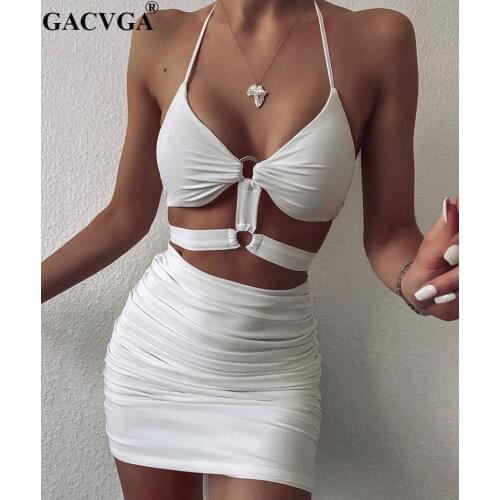 GACVGA Double Layer Fabric Sexy Bodycon Dress Women Ruched Backless White Black Club Party Bandage Mini Summer Dress Vestidos