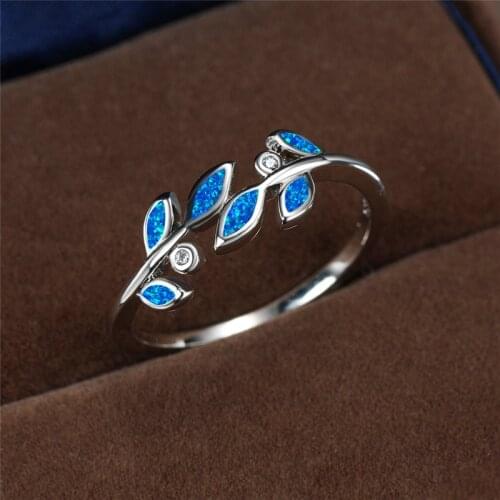 Simple Blue White Fire Opal Ring Silver Color Wedding Band Women Vintage Crystal Leaf Fine Engagement Ring Size 6-13