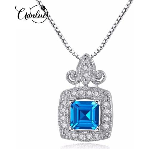 WANLUO Square Bule Topaz Created 925 Sterling Silver Pendant Necklaces for Women Egagement Fine S925 Wedding Necklace Jewelry