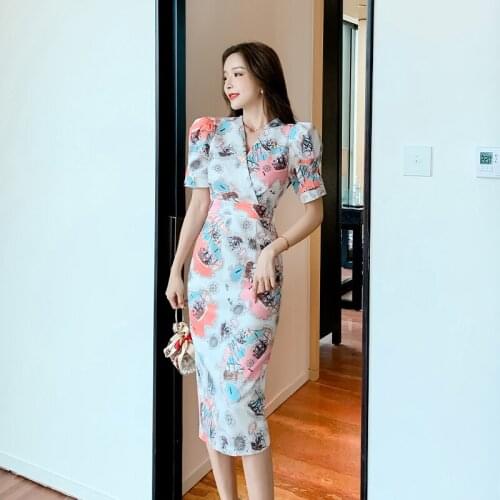 New arrival fashion simple party dress women elegant summer vintage puff sleeve work style print slim elegant pencil dress