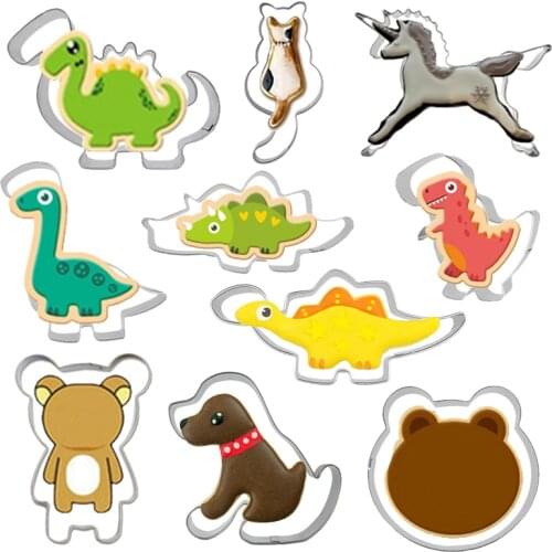 10Pcs Stainless Steel Dinosaur Animal Cat Fondant Cake Cookie Biscuit Cutter Decorating Mould Pastry Pizza Bread Baking Tools