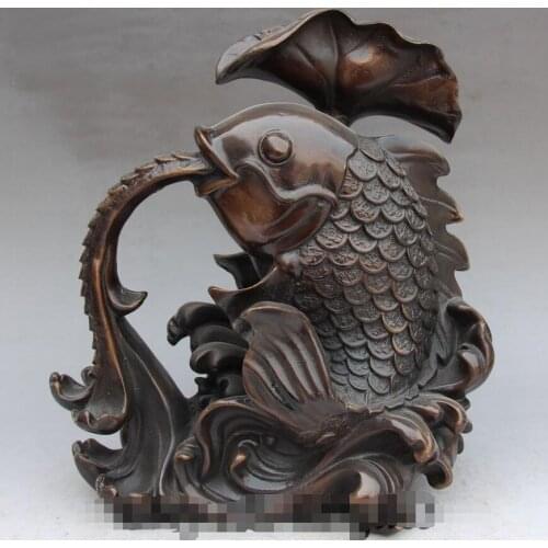 12"Chinese Folk Fengshui Bronze Lotus Leaf Fish Senet Guttation Fountain Statue