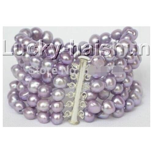 8 "6row 7 - 8mm Baroque Lavender Pearl Purple Bracelet Magnet Clasp>>> women jewerly Free shipping