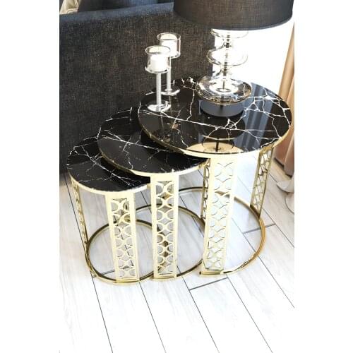 Black Marble Pattern Lux Laser Detailed Gold Zigon Coffee Table Set
