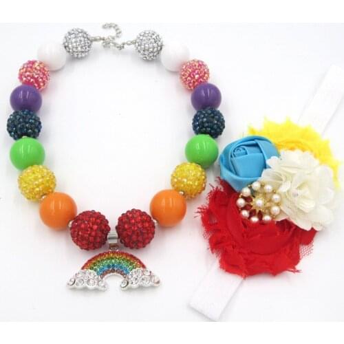 Kids Girls Alloy Rainbow Pendant Chunky Bubblegum Necklace Hairbands Jewelry Sets Infants Toddler Fancy Birthday Present Gifts