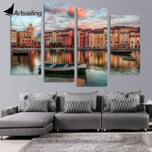 Canvas Painting 4 Piece Canvas Art Boats Orlando Buildings HD Printed Home Decor Wall Art Poster Picture for Living Room XA019C