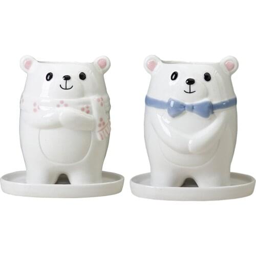 Ceramic White Bear Planter Flower Succulent Pot Container Yard Desktop Decor