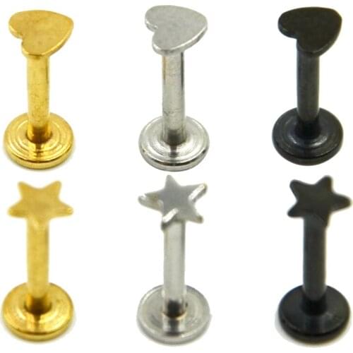 3Pcs Titanium Anodized Internally Thread Heart Star Labret Lip Piercing Stud Ring Ear Helix Tragus Cartilage Jewelry 16g