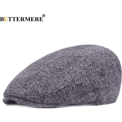 BUTTERMERE Grey Beret Cap Striped Herringbone Flat Cap Beret Hat For Men British Style Gatsby Hats And Caps New Fashion