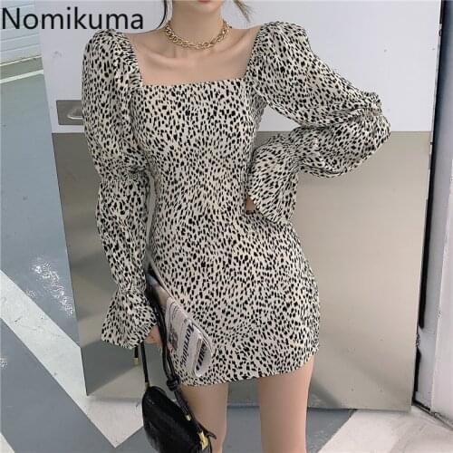 Nomikuma Vintage Printed Mini Dress Women Slim Fit Korean Fashion New Vestidos Femme Square Collar Puff Sleeve Dresses 3d899