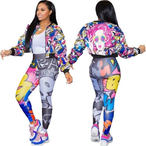 Letter Cartoon Print Slim Jacket Winter Clothes Women Coat Sexy Crop Outwear Long Sleeve Zipper Casual Tops Streetwear