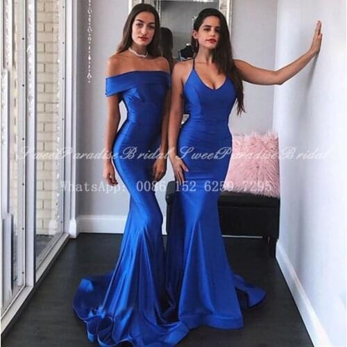 2020 Women Long Mermaid Bridesmaid Dresses Royal Blue Spaghetti Halter Off Shoulder Royal Blue Wedding Party Dress Vestidos