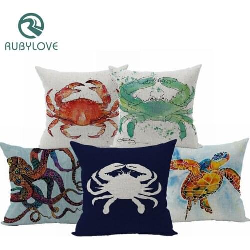 RUBYLOVE Cushion Cover Sea Turtle Crab Octopus Pillowcase Cotton Linen Printed Car Chair Seat Decorative Throw Pillow Cover