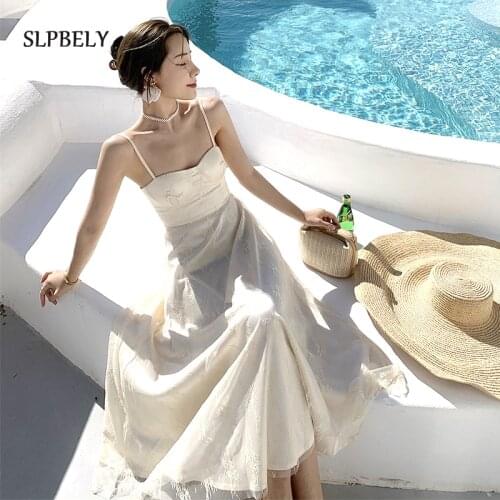 SLPBELY Women White Lace Sling Dress Sexy Summer French Holiday Spaghetti Strap White Midi Party Dress Retro Dresses Vestido New