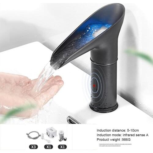 AC DC LED Waterfall Basin Faucet Electric Automatic Sensor Touchless Kitchen Sink Hot Cold Mixer Crane Taps Bathroom Accessories