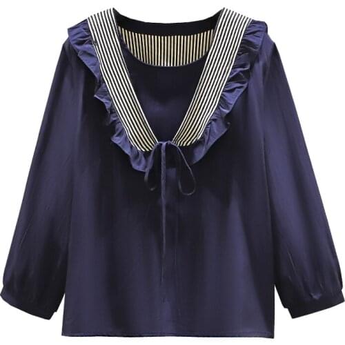 Striped V Neck Loose Long-Sleeved Chiffon Plus Large Size Clothes 2021 Oversize Spring Autumn Feminina WomenS Top Blouse