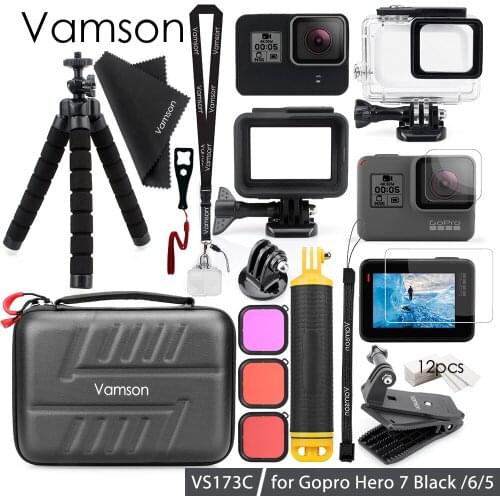 Vamson for Gopro7 Black Upgrade Accessories Package of 3 Models Tempered Film Helmet Strap Chest Band Headband for Gopro6 5VS187