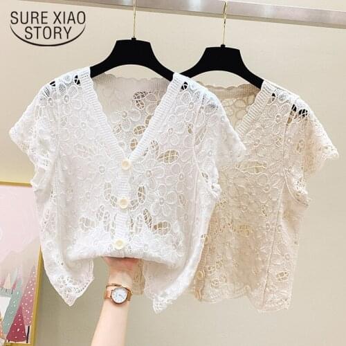 Korean Cotton Crochet Hollow Lace Shirt Summer V-Neck Sunscreen Women Tops 2021 Sweet Loose Short Sleeve White Blouse Tops 15427