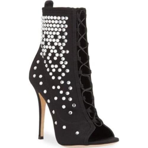 Moraima Snc Crystal Embellished Peep Toe High Heel Shoes Woman Summer Lace-up Ankle Boots Summer Sandal Boots Black