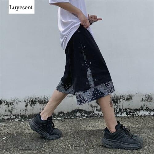 Women Harajuku Cool Unisex Pant 2021 Hipster Elastic Waist Spliced Button Gothic Fake-two-piece Knee Length Cargo Short Pants