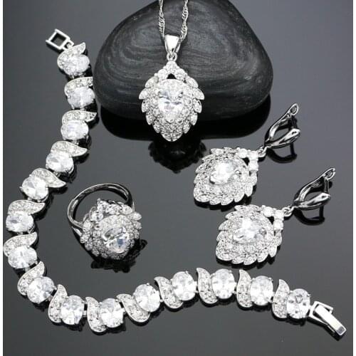 Strawberry Shape 925 Silver Bridal Jewelry Sets For Women White Cubic Zirconia Crystal Earrings Pendant Necklace Ring Bracelet