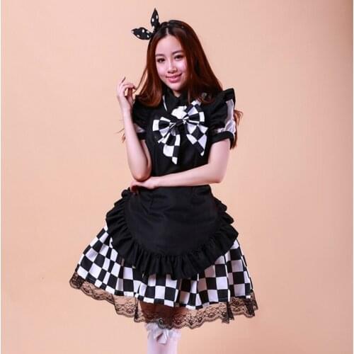 Women Girls Lolita Style Japan Anime Nyaruko Yasaka Black White Plaid Check Maid Apron Dress Bowtie