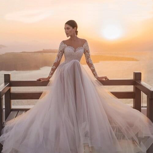 Glamorous Bohemian Wedding Dress 2020 Long Sleeves Sheer O Neck Sequined Appliques Bridal Gowns Illusion Vestido De Noiva