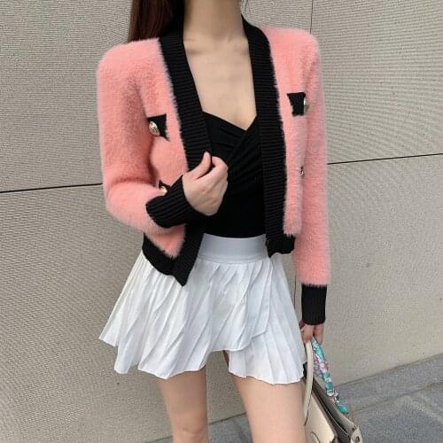 Celebrity small fragrance does not lose hair mink cashmere knitted cardigan womens shoulder pad color matching French V-neck