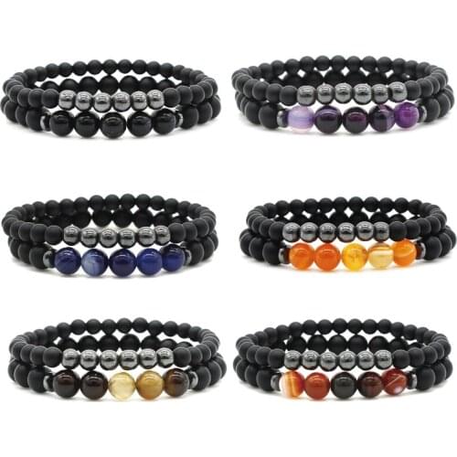 2pcs/Set Couple Distance Matte Black Onyx Beaded Bracelet Bangle Natural Striped Agate Maganet Stone Bracelet Set For Men Women