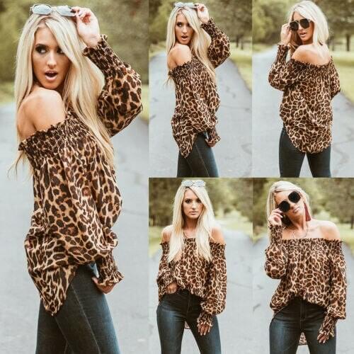 Women Classical Leopard Print Off Shoulder Tops Fashion Puff Sleeve Loose Blouse