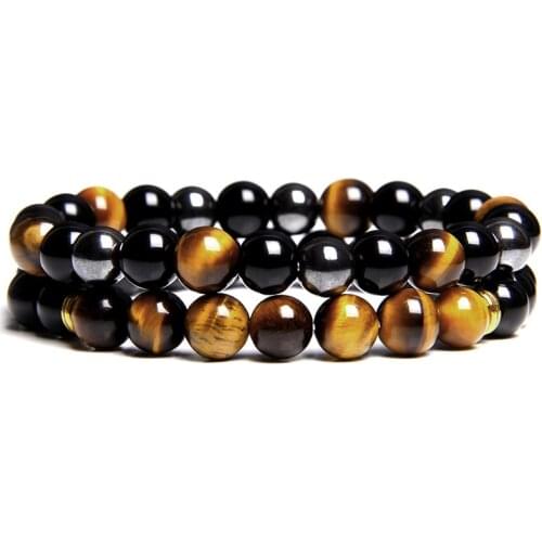 2pcs Men Bracelets Beads Natural Stone Black Onyx&Tiger Eye&Hematite Stone Bracelets for Women Men No Magnetic Bracelet
