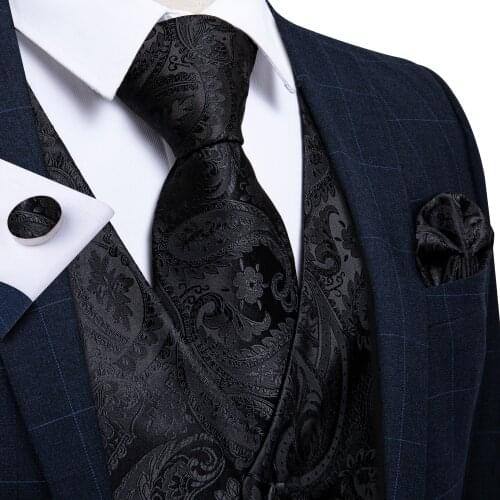 DiBanGu Black Paisley Fashion Wedding Men 100% Silk Waistcoat Vest Ties Pocket Square Cufflinks Set for Suit Tuxedo MJTZ-109
