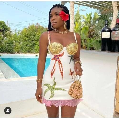 Hot Sale Ladies Strap Sexy Bodycon Mini Dress Starfish Sequines Red Carpet Celebrity Fashion Dress Birthday Party Girls' Dress